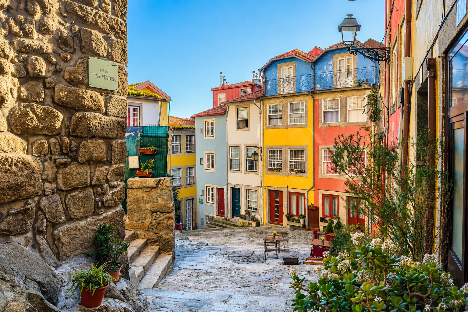 Rua da Pena Ventosa no Porto, com casas coloridas, escadaria de pedra e calçada portuguesa
