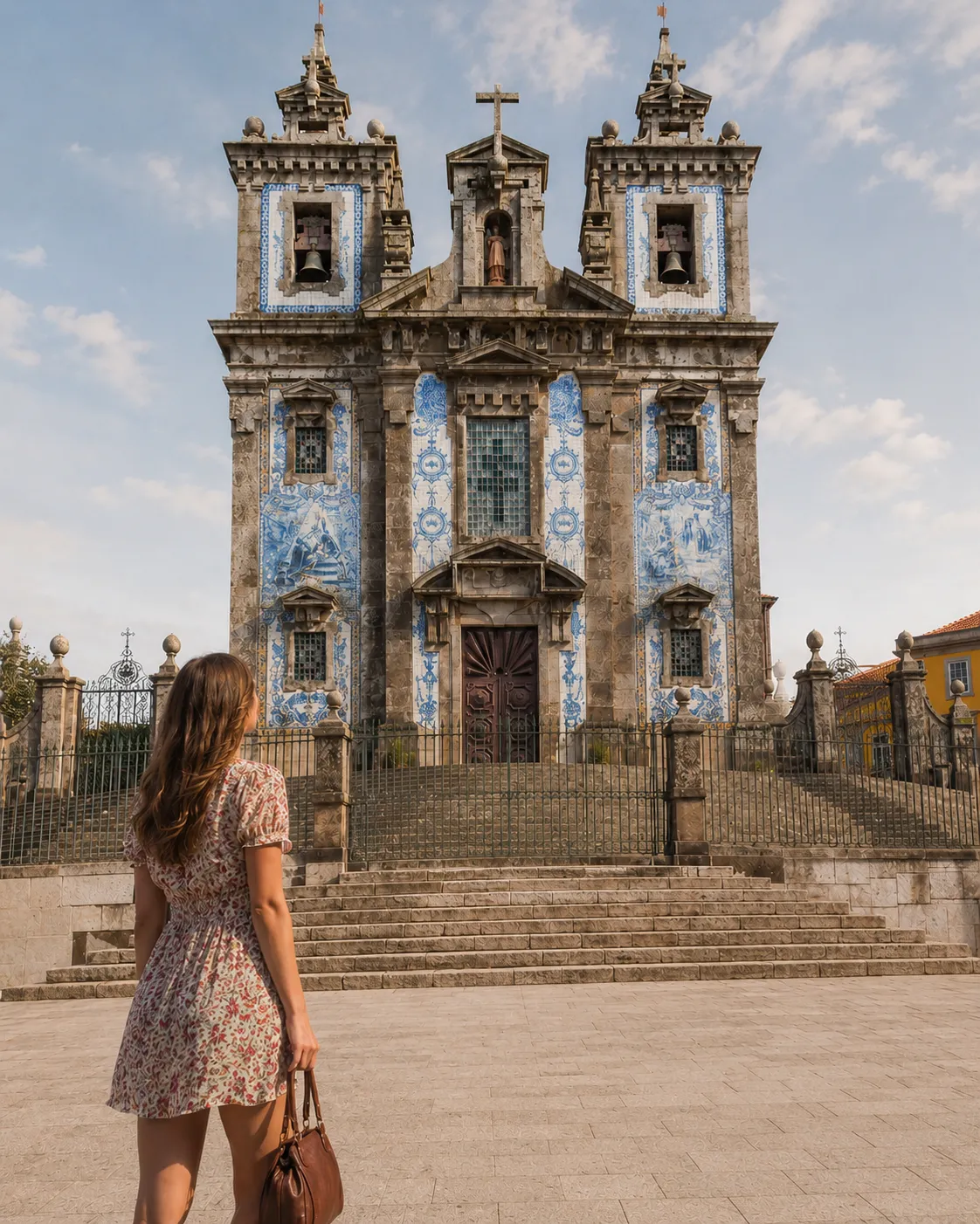 Mulher a olhar para a Igreja de Santo Ildefonso e sua fachada de azulejos